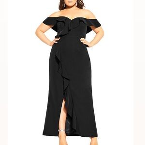 City Chic Black Off The Shoulder Ruffle Gown Dress